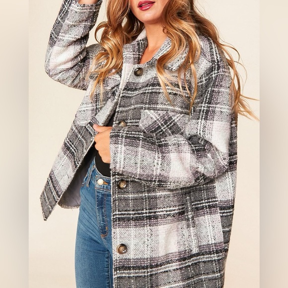 Flannel Plaid Button Down Coat, black/Gray/Blush/White, size small - Picture 2 of 13